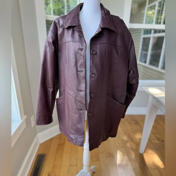 Vintage 70s 80s Salon Studio Burgundy Oxblood Leather Chore Coat Jacket Sz XL - Picture 6 of 12